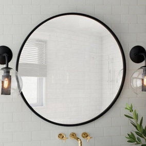 Livingandhome Black Round Wall Mounted Bathroom Framed Mirror 60 cm