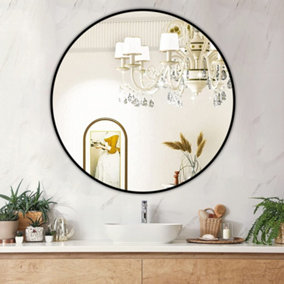 Livingandhome Black Round Wall Mounted Bathroom Framed Mirror 70 cm