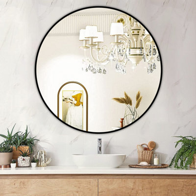 Livingandhome Black Round Wall Mounted Bathroom Framed Mirror 70 cm ...