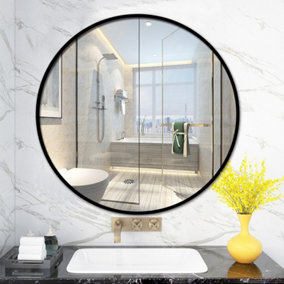 Livingandhome Black Round Wall Mounted Framed Bathroom Mirror Vanity Mirror For Dressing Table 80 cm