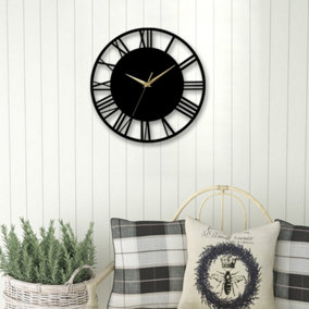 Livingandhome Black Silent Round Wood Wall Clock Decorative Roman Numeral Dia 30CM