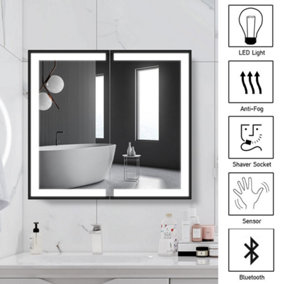 Livingandhome Black Square Double Door Surface Mount LED Lighting Mirror Cabinet