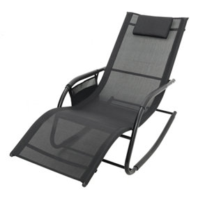 Livingandhome Black Steel Garden Sun Lounger Patio Rocking Chair with Pillow