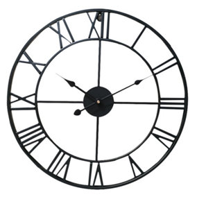 Livingandhome Black Vintage Round Roman Numeral Metal Skeleton Wall Clock 40 cm