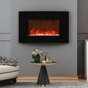 Livingandhome Black Wall Mounted Curved Electric Fireplace with Pebbles