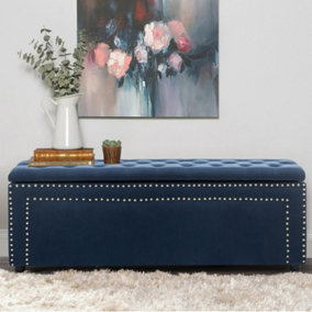 Livingandhome Blue Frosted Velvet Ottomans Buttoned Storage Bench