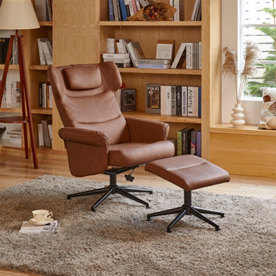 Livingandhome Brown Faux Leather Swivel Armchair with Footstool DIY