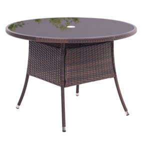 Livingandhome Brown Garden Wicker Tempered Glass Outdoor Table with Parasol Hole 105 cm