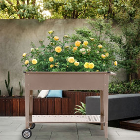 Livingandhome Brown Mobile Metal Raised Garden Bed Outdoor Planter Box with Storage Shelf