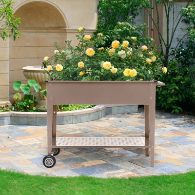 Livingandhome Brown Mobile Metal Raised Garden Bed Outdoor Planter Box with Storage Shelf