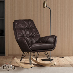 Livingandhome Brown Modern Leather Rocking Chair with Oak Runner