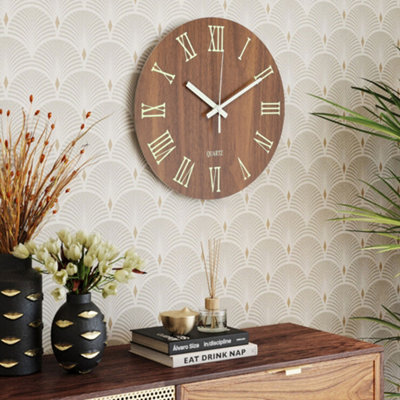 Livingandhome Brown Modern Round Luminous Numbers Wood Silent Wall