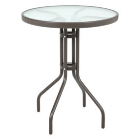 Livingandhome Brown Modern Round Metal Garden Table with Tempered Glass Tabletop 60cm