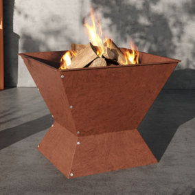 Livingandhome Brown Modern Square Steel Outdoor Fire Pit Wood Burning Fire Bowl