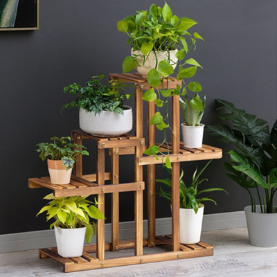 Livingandhome Brown Multi Tiered Plant Stand Solid Wood Display Shelf