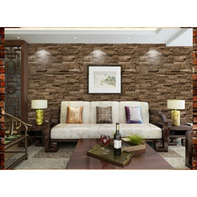 Livingandhome Brown Rustic 3D Stone Brick Effect Wallpaper 10m