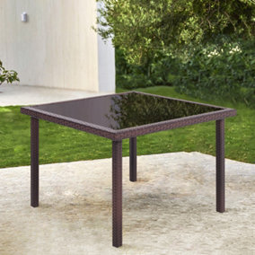 Livingandhome Brown Rustic Rectangular Garden Wicker Tempered Glass Outdoor Table 105cm