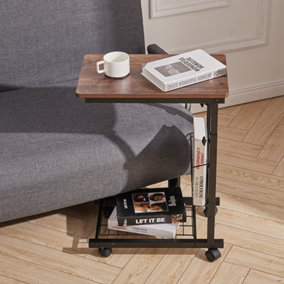 Livingandhome Brown Simple C Shape Adjustable Height Mobile Metal Side Table on Wheels