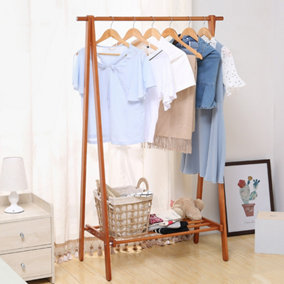 Livingandhome Brown Wooden Free Standing Clothes Rack with Storage Shelf and Rod