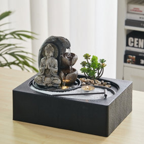 Livingandhome Buddha Zen Tabletop Fountain Water Feature Home Decor with LED Lights and Succulents