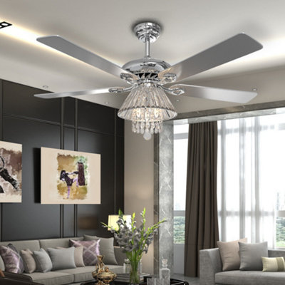 Livingandhome Chrome 5 Wood Blade Ceiling Fan Light Chandelier with Remote Control 52 Inch