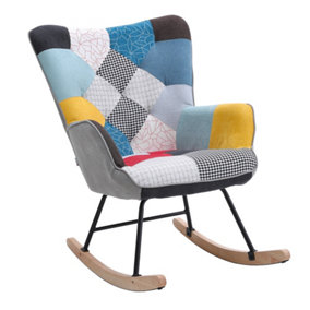 Livingandhome Colourful Fabric Rocking Chair Rocker Relaxing Chair Patchwork Armchair with Rubber Wood Runner
