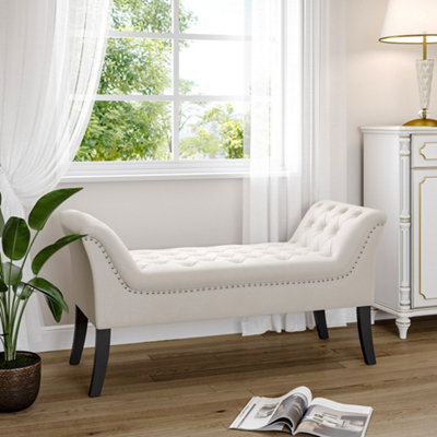 Livingandhome Creamy White Velvet Upholstered Bed End Bench Hallway
