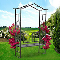 Livingandhome Creative Black Eave Shape Garden Metal Arch Plant Climbing with 2 Seater Bench