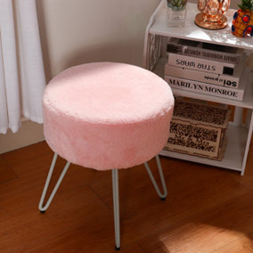 Livingandhome Cute Pink Round Plush Makeup Dressing Table Stool with White Padded Steel Legs
