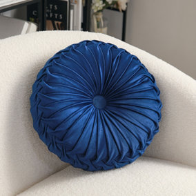Livingandhome Dark Blue Round Pleated Velvet Cushion 35 cm