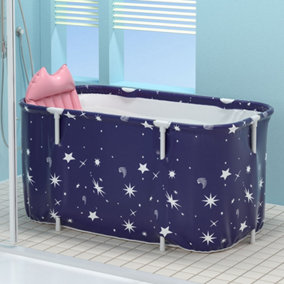 Livingandhome Dark Blue Star Large Portable Folding Bathtub Family Soaking Tub with Cushion for Small Bathroom 140cm