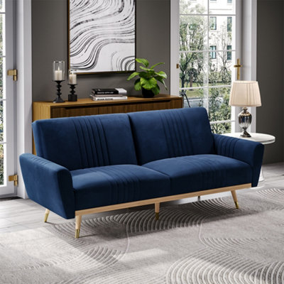 Livingandhome Dark Blue Velvet 3 Seat Sofa Bed Recliner Couch with Wood