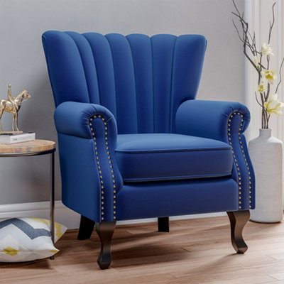 Livingandhome Dark Blue Velvet Upholstered Wing Back Channel