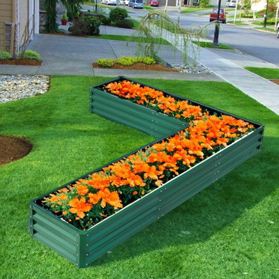 Livingandhome Dark Green Outdoor Metal L Shaped Raised Garden Bed