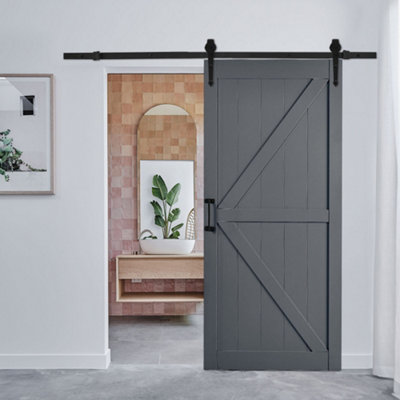 Livingandhome Dark Grey Farmhouse Style Wooden Barn Door with 6.6ft ...