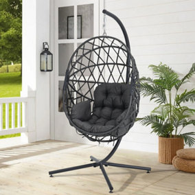 Livingandhome Dark Grey Foldable PE Rattan Egg Swing Chair Garden Relaxing Hanging Chair with Stand and Cushions 195 cm
