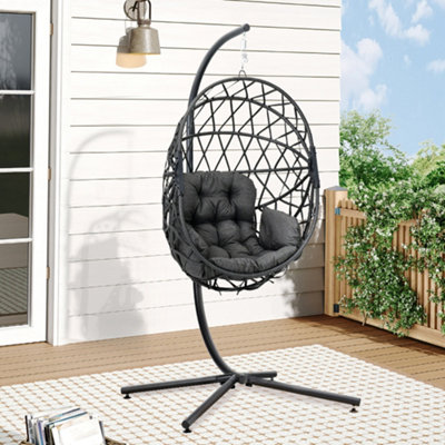 Livingandhome Dark Grey Foldable Rattan Egg Swing Chair Garden