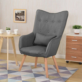 Livingandhome Dark Grey Linen Curved Buttoned Back Armchair with Lumbar Pillow