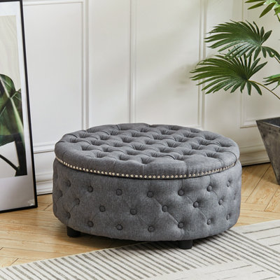 Dark Gray Round Storage Ottoman Foot Rest Upholstered Pleated