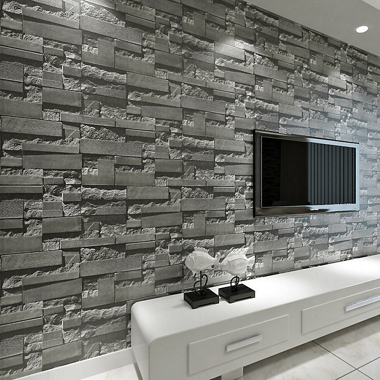 Livingandhome Dark Grey Rustic 3D Stone Brick Effect Wallpaper 10m | DIY at  B&Q