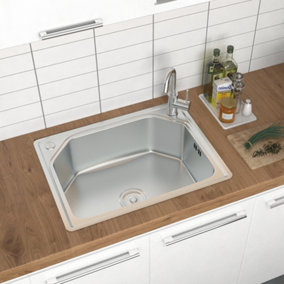 Livingandhome Deep Single Bowl Inset Stainless Steel Kitchen Sink Catering 60cm W x 45cm D x 21cm H