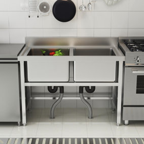 Livingandhome Double Bowl Commercial Freestanding Stainless Steel Kitchen Catering Sink with Splashback for Food Prep