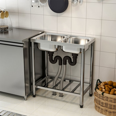 Livingandhome Double Bowl Floorstanding Stainless Steel Commercial Kitchen Vegetable Sink with Storage Shelf