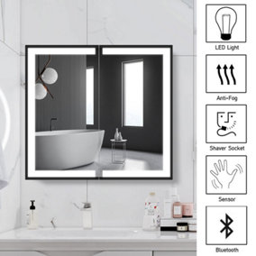 Livingandhome Double Door Anti Fog LED Illuminated Mirrored Bathroom Cabinet with Shaver Socket&Bluetooth Speaker W 650 x H 600 mm