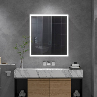 Livingandhome Double Door LED Illuminated Anti Fog Mirrored Bathroom  Cabinet with Touch Sensor Shaver Socket W 650mm x H 600 mm