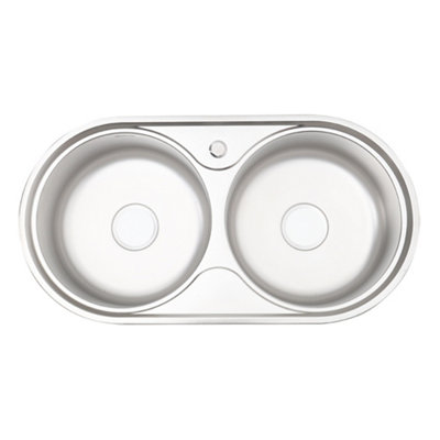 Livingandhome Double Round Bowl Inset Stainless Steel Kitchen Sink Vegetable Washing Basin W 860mm x D 450mm