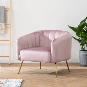 Livingandhome Dusky Pink Occasional Scalloped Velvet Tub Chair Armchair