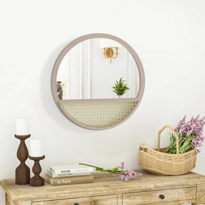 Livingandhome Farm Style Round Wooden Framed Entryway Bathroom Mirror