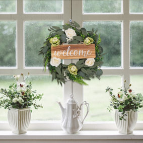 Livingandhome Farmhouse Door Artificial Rose Flower Wreath with Welcome 45 cm