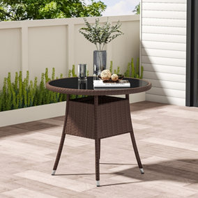 Livingandhome Garden Wicker Tempered Glass Outdoor Table with Parasol Hole 80cm